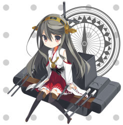Rule 34 | 10s, 1girl, black hair, black thighhighs, blush stickers, boots, chibi, compass, detached sleeves, hair ornament, hairband, haruna (kancolle), hina 1126, kantai collection, long hair, looking at viewer, lowres, machinery, naruse hirofumi, nontraditional miko, polka dot, polka dot background, red eyes, simple background, sitting, solo, thigh boots, thighhighs, turret, zettai ryouiki
