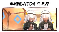 Rule 34 | 2boys, arknights, commentary, covered face, crossed arms, day, desert, english commentary, english text, grin, highres, long sleeves, multiple boys, outdoors, pascahujan, smile, star (symbol), teeth, thumbs up, upper body, white headwear