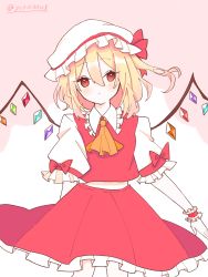 Rule 34 | 1girl, :/, absurdres, artist name, ascot, blonde hair, blush, bow, closed mouth, commentary request, crystal, dress, expressionless, feet out of frame, flandre scarlet, flat chest, frilled shirt collar, frills, hair between eyes, hat, hat bow, highres, light blush, medium hair, mob cap, one side up, orange ascot, petticoat, pink background, puffy short sleeves, puffy sleeves, red bow, red dress, red eyes, red skirt, rogu (ndmd8773), short sleeves, simple background, skirt, solo, touhou, white hat, wings, wrist cuffs