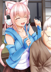 Rule 34 | 2girls, animal ears, bare shoulders, blush, breasts, bridal gauntlets, cat ears, cat tail, cleavage, detached sleeves, elbow gloves, closed eyes, fingerless gloves, ganari ryuu, glasses, gloves, grey hair, headphones, headset, large breasts, long hair, massage, multiple girls, old, old woman, open mouth, original, pink hair, shoulder massage, smile, super tama musume, tail, tamatoys