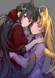 Rule 34 | 2girls, :3, absurdres, akamatsu kaede, animal ears, backpack, bag, black hair, black sailor collar, blonde hair, breasts, cat ears, cat tail, closed mouth, commentary, danganronpa (series), danganronpa v3: killing harmony, fortissimo, frown, grey background, grey shirt, hair ornament, hair scrunchie, hairclip, harukawa maki, highres, hug, kemonomimi mode, long hair, long sleeves, looking at viewer, low twintails, medium breasts, multiple girls, musical note, musical note hair ornament, nanin, necktie, pink vest, plaid, plaid skirt, purple eyes, randoseru, red eyes, red scrunchie, red shirt, sailor collar, school uniform, scrunchie, serafuku, shirt, simple background, skirt, smile, symbol-only commentary, tail, twintails, vest