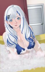 Rule 34 | 1girl, absurdres, aqua eyes, bath, bikini, blue bikini, blue hair, breasts, bright pupils, bubble, bubble bath, bukoarts, cleavage, door, grey hair, hair behind ear, highres, hololive, hololive indonesia, large breasts, leaning forward, long hair, looking at viewer, multicolored hair, open mouth, pavolia reine, solo, streaked hair, swimsuit, virtual youtuber, white pupils
