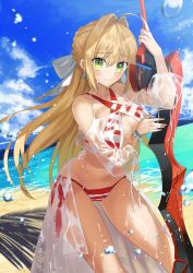 Rule 34 | 1girl, aestus estus, ahoge, alternate hair length, alternate hairstyle, arm up, ashiwara yuu, bare shoulders, beach, bikini, blue eyes, blue sky, braid, breasts, bubble, cleavage, closed mouth, cloud, collarbone, commentary request, criss-cross halter, day, fate/grand order, fate (series), green eyes, hair between eyes, hair intakes, halterneck, hand up, holding, holding sword, holding weapon, large breasts, long hair, long sleeves, looking at viewer, nero claudius (fate), nero claudius (fate) (all), nero claudius (swimsuit caster) (fate), nero claudius (swimsuit caster) (third ascension) (fate), ocean, outdoors, puffy long sleeves, puffy sleeves, sand, see-through, side-tie bikini bottom, sky, smile, solo, striped bikini, striped clothes, swimsuit, sword, very long hair, water, weapon