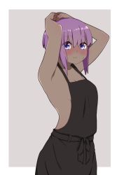 Rule 34 | 1girl, armpits, arms up, bare arms, bare shoulders, blush, breasts, cleavage, closed mouth, dark-skinned female, dark skin, fate/prototype, fate/prototype: fragments of blue and silver, fate (series), female focus, grey background, hair between eyes, hassan of serenity (fate), highres, i.u.y, looking at viewer, nose blush, overalls, purple eyes, purple hair, small breasts, smile, solo, sweat, two-tone background, white background