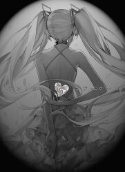 Rule 34 | 1girl, arms behind back, back, dress, from behind, grey theme, greyscale, hatsune miku, heart, long hair, monochrome, saberiii, solo, song name, twintails, unknown mother goose (vocaloid), very long hair, vocaloid