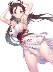 Rule 34 | 1girl, armpits, arms behind head, arms up, bare shoulders, body markings, breasts, brown eyes, brown hair, closed mouth, commentary request, dress, dutch angle, facial mark, fate/grand order, fate (series), forehead, forehead mark, highres, himiko (fate), himiko (first ascension) (fate), jewelry, large breasts, long hair, looking at viewer, magatama, magatama necklace, necklace, no bra, no panties, ririko (zhuoyandesailaer), sash, side slit, sideboob, simple background, smile, solo, strapless, strapless dress, thighs, topknot, twintails, very long hair, white background, white dress
