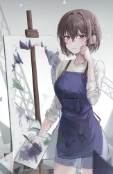 Rule 34 | 1girl, absurdres, apron, blue apron, blush, bow, braid, brown eyes, brown hair, canvas (object), collarbone, commentary request, easel, hair between eyes, hair bow, hand on own face, highres, holding, holding palette, labi, looking at viewer, mitasarenai pale color (project sekai), palette (object), project sekai, shinonome ena, shirt, short hair, shorts, single braid, sleeves rolled up, tearing up, white shirt
