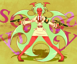 Rule 34 | 10s, blush, colored skin, demon girl, double gold lacytanga, gun, horns, panty &amp; stocking with garterbelt, red skin, scanty (psg), smile, weapon