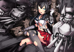 Rule 34 | 10s, 1girl, 463 jun, abyssal ship, agano (kancolle), aqua eyes, black hair, breasts, dark persona, gloves, glowing, glowing eyes, highres, kantai collection, large breasts, long hair, looking at viewer, miniskirt, pleated skirt, school uniform, serafuku, single thighhigh, skirt, solo, thighhighs, torn clothes, torn thighhighs, white gloves, zettai ryouiki