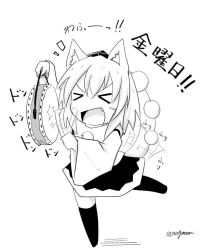 Rule 34 | &gt; &lt;, 1girl, animal ears, black skirt, black thighhighs, blush stickers, chibi, drum, greyscale, hat, instrument, inubashiri momiji, monochrome, open mouth, pom pom (clothes), shirt, short hair, skirt, tail, tail wagging, taurine 8000mg, thighhighs, tokin hat, touhou, translation request, twitter username, wide sleeves, wolf ears, wolf tail, zettai ryouiki