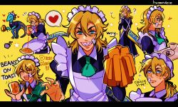 Rule 34 | :d, ?, ^ ^, absurdres, alternate costume, apron, artist name, ascot, back bow, bandaid, bandaid on face, blonde hair, blue dress, blush, blush stickers, bow, bread slice, bright pupils, cleaning, closed eyes, closed mouth, cracked skin, crossdressing, cup, diego brando, dinosaur, dinosaur tail, dress, duster, english text, enmaided, fang, fang out, film grain, flying sweatdrops, food, frilled apron, frilled skirt, frills, green ascot, green eyes, green nails, hair between eyes, hair ribbon, happy, hat, heart, highres, holding, holding food, holding tray, huyandere, jojo no kimyou na bouken, juliet sleeves, ketchup, ketchup bottle, kneeling, letterboxed, long dress, long sleeves, looking at viewer, maid, maid headdress, male focus, medium hair, mob cap, multiple views, nail polish, neck ribbon, notice lines, omelet, omurice, open mouth, plate, ponytail, puffy short sleeves, puffy sleeves, red ribbon, ribbon, rock, scary monsters (stand), sharp teeth, shirt, short sleeves, sideways glance, simple background, skirt, smile, speech bubble, spoken heart, star (symbol), steel ball run, sweat, tail, teacup, teeth, toast, tray, victorian maid, white apron, white pupils, white shirt, wing collar, wryyyyyyyyyyyyyyyyyyyy, yellow background