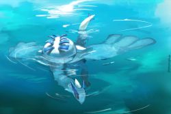 Rule 34 | absurdres, blue theme, commentary request, creatures (company), day, game freak, gen 2 pokemon, highres, legendary pokemon, lugia, nintendo, no humans, outdoors, partially submerged, pecohophop, pokemon, pokemon (creature), ripples, signature, solo, swimming, toes, water