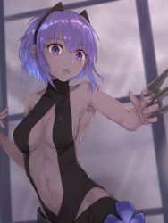 Rule 34 | 1girl, :o, between fingers, breasts, center opening, dark-skinned female, dark skin, fate/grand order, fate/prototype, fate/prototype: fragments of blue and silver, fate (series), flower, hairband, hassan of serenity (fate), holding, knife, looking at viewer, medium breasts, purple eyes, purple hair, reuri (tjux4555), short hair, solo, throwing knife, weapon