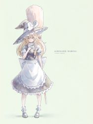 Rule 34 | 1girl, apron, blonde hair, blush, bow, braid, character name, full body, hat, highres, kirisame marisa, long hair, looking at viewer, puffy short sleeves, puffy sleeves, satyuas, shirt, shoes, short sleeves, skirt, socks, solo, standing, touhou, vest, waist apron, white bow, witch hat, yellow eyes