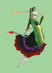 Rule 34 | 1girl, absurdres, adapted costume, chongtian yixiao shualuanfei, dress, ghost tail, glaring, green background, green dress, green eyes, green hair, hands in opposite sleeves, hat, highres, long sleeves, looking at viewer, matching hair/eyes, ritual baton, simple background, soga no tojiko, solo, tate eboshi, torn clothes, touhou, wide sleeves