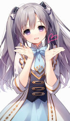 Rule 34 | 1girl, bow, bowtie, dress, grey hair, hair between eyes, hands up, idolmaster, open mouth, purple eyes, simple background, solo, suimya, twintails, white background, white dress, yukoku kiriko