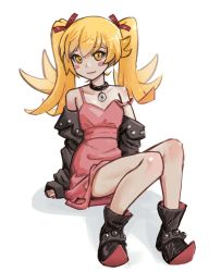 Rule 34 | 1girl, ankle boots, bakemonogatari, bare legs, bare shoulders, black choker, black jacket, blonde hair, blush stickers, boots, choker, collarbone, cosplay, creatures (company), dress, game freak, hair ribbon, highres, jacket, long hair, looking at viewer, marnie (pokemon), marnie (pokemon) (cosplay), monogatari (series), nintendo, open clothes, open jacket, pink dress, pokemon, pokemon swsh, red ribbon, ribbon, ricman rt, sitting, strap slip, twintails, yellow eyes