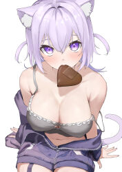 Rule 34 | 1girl, animal ears, black jacket, blush, breasts, candy, cat ears, cat girl, cat tail, chocolate, chocolate heart, cleavage, commentary, cowboy shot, crop top, double-parted bangs, food, grey tank top, hair between eyes, heart, highres, hololive, jacket, looking at viewer, medium breasts, medium hair, mitsuru (pixiv 34028718), mouth hold, navel, nekomata okayu, nekomata okayu (membership), official alternate costume, official alternate hairstyle, open clothes, open jacket, purple eyes, purple hair, simple background, single bare shoulder, sitting, solo, strap slip, symbol-only commentary, tail, tank top, two side up, unzipped, virtual youtuber, white background