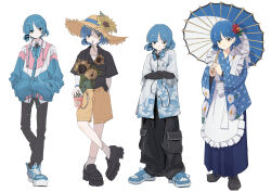 Rule 34 | 1girl, absurdres, alternate costume, apron, arm warmers, black footwear, black pants, black shirt, blue hair, blue hakama, blue kimono, bocchi the rock!, brown headwear, closed mouth, collared shirt, crossed arms, dorarin, drink, drinking straw, drinking straw in mouth, ear piercing, floral print, flower, frilled apron, frills, full body, hakama, hands in pockets, hat, hat flower, headphones, headphones around neck, highres, holding, holding drink, holding umbrella, jacket, japanese clothes, kimono, mole, mole under eye, multicolored clothes, multicolored jacket, multiple views, oil-paper umbrella, pants, piercing, print kimono, shirt, short hair, short sleeves, shorts, simple background, straw hat, sunflower, umbrella, white apron, white background, white shirt, wide sleeves, yamada ryo, yellow eyes, yellow flower, yellow shorts