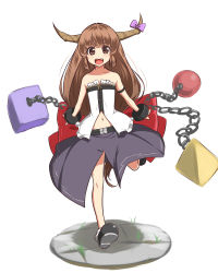 Rule 34 | 1girl, :d, alternate costume, bare legs, bare shoulders, blush, bow, brown eyes, brown hair, chain, cuffs, female focus, horn bow, horn ornament, horns, ibuki suika, long hair, looking at viewer, navel, open mouth, shackles, simple background, smile, solo, totosu, touhou, white background