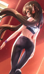 Rule 34 | 1girl, blush, brown hair, crop top, floating hair, from behind, hakuminhhh, highres, idolmaster, idolmaster cinderella girls, long hair, looking at viewer, looking back, matoba risa, profile, solo, spine, standing, standing on one leg, twintails, very long hair, wristband