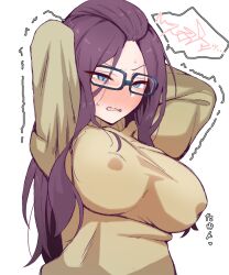 Rule 34 | 1girl, arms behind head, arms up, bangs pinned back, blue-framed eyewear, blue eyes, blush, breasts, covered erect nipples, glasses, heart, kagamihara sakura, large breasts, long hair, long sleeves, open mouth, purple hair, shiawase hougan, simple background, solo, spoken squiggle, squiggle, sweat, sweater, trembling, upper body, white background, yellow sweater, yurucamp