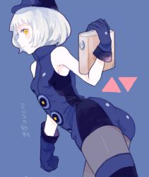 Rule 34 | 1girl, atlus, bad drawr id, bad id, bare shoulders, blue theme, book, dress, elizabeth (persona), gloves, hat, pantyhose, persona, persona 3, shin megami tensei, short hair, simple background, sleeveless, solo, thighhighs, white hair, yellow eyes
