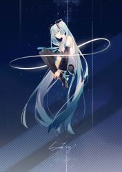 Rule 34 | 1girl, :o, absurdly long hair, absurdres, artist name, bare shoulders, blue background, blue eyes, blue hair, blue neckwear, clothes lift, commentary, detached sleeves, expressionless, fingernails, floating hair, full body, gradient background, hand on own leg, hatsune miku, highres, infinity symbol, long hair, looking at viewer, night, night sky, open mouth, polka dot, polka dot background, shirt, signature, simple background, skirt, sky, sleeveless, sleeveless shirt, solo, star (sky), star (symbol), starry background, starry sky, sumery, symbol-only commentary, thighhighs, thighs, twintails, very long hair, vocaloid, white shirt