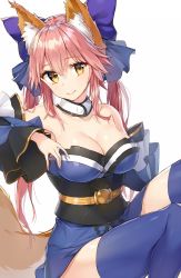 Rule 34 | 10s, 1girl, animal ears, bare shoulders, blue kimono, blue thighhighs, breasts, cleavage, closed mouth, collarbone, fate/extra, fate (series), fox ears, fox tail, hair between eyes, highres, japanese clothes, kimono, large breasts, long hair, looking at viewer, obi, pink hair, rikoma, sash, short kimono, simple background, sitting, smile, solo, tail, tamamo (fate), tamamo no mae (fate/extra), thighhighs, tsurime, white background, yellow eyes