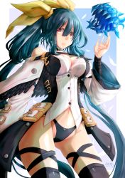 Rule 34 | 1girl, black thighhighs, blue hair, dizzy (guilty gear), fish, guilty gear, guilty gear xrd, hair ornament, highres, long hair, long sleeves, looking at viewer, mariebell, red eyes, ribbon, thighhighs, twintails, yellow ribbon