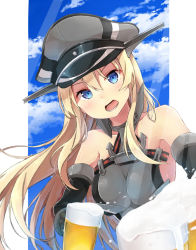 Rule 34 | 10s, 1girl, armor, bare shoulders, beer mug, bismarck (kancolle), blonde hair, blue eyes, blush, breastplate, breasts, cup, detached sleeves, gloves, gradient background, hat, kakao rantan, kantai collection, long hair, looking at viewer, medium breasts, military, military hat, military uniform, mug, open mouth, peaked cap, solo, uniform, upper body