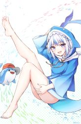 Rule 34 | 1girl, :d, ass, bad id, bad pixiv id, bare legs, barefoot, beliatan, bloop (gawr gura), blue eyes, blue hair, blue hoodie, blue nails, blunt bangs, commentary, feet, fins, fish tail, full body, gawr gura, gawr gura (1st costume), hair ornament, hat, highres, hololive, hololive english, hood, hood up, hoodie, looking at viewer, multicolored hair, nail polish, open mouth, red hat, shark hair ornament, shark tail, sharp teeth, silver hair, smile, soles, solo, streaked hair, tail, teeth, thighs, toenail polish, toenails, two side up, virtual youtuber