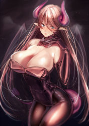 Rule 34 | 1girl, amane ruri, aqua eyes, bare shoulders, black background, black gloves, breasts, cleavage, demon girl, demon horns, demon tail, demon wings, elbow gloves, gloves, highres, horns, huge breasts, leotard, light smile, looking at viewer, nontraditional playboy bunny, original, pantyhose, parted lips, playboy bunny, pointy ears, solo, tail, wings