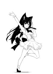 Rule 34 | 1girl, :d, animal ears, arm up, armpits, bare shoulders, blush, bow, breasts, fox ears, fox girl, fox tail, frilled skirt, frills, full body, greyscale, hair between eyes, hand up, high heels, highres, holding, holding microphone, long hair, microphone, monochrome, open mouth, original, pleated skirt, scrunchie, shadow, shirt, shoes, skirt, sleeveless, sleeveless shirt, small breasts, smile, solo, standing, standing on one leg, tail, tenjou ryuka, very long hair, white background, wrist scrunchie