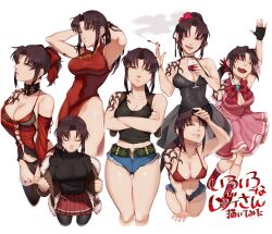 Rule 34 | 1girl, armpits, bare shoulders, bikini, bikini top only, bikini under clothes, black lagoon, breasts, chinese clothes, cleavage, closed eyes, cup, dress, drinking glass, fingerless gloves, gloves, highres, large breasts, long hair, long sleeves, micro shorts, ponytail, purple hair, revy (black lagoon), shorts, skirt, sleeveless, sweater, swimsuit, wei li, wine glass