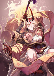 Rule 34 | 1girl, blonde hair, claws, fate/grand order, fate (series), highres, holding, holding sword, holding weapon, horns, ibaraki douji (fate), japanese clothes, jh, long hair, off shoulder, oni, solo, sword, weapon, yellow eyes