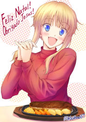Rule 34 | 1girl, :d, blonde hair, blue eyes, blunt bangs, blush, breasts, fang, food, gt (acidhead gt), happy, holding hands, interlocked fingers, kuneru marta, large breasts, looking at viewer, maria marta cunhel guloso, open mouth, own hands together, portuguese text, red sweater, short hair, short hair with long locks, sidelocks, smile, solo, steak, sweater, turtleneck