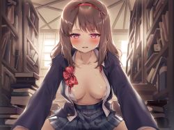 Rule 34 | 1girl, areola slip, blue skirt, blush, book, book stack, bookshelf, bow, bowtie, breasts, brown hair, collarbone, collared shirt, commentary request, dress shirt, foreshortening, from below, hairband, hajin, indoors, jacket, ladder, long hair, long sleeves, looking at viewer, medium breasts, navel, official art, original, parted lips, pink eyes, plaid, plaid skirt, pleated skirt, red bow, red bowtie, red hairband, shirt, sitting, skirt, solo, straddling, suit jacket, sweat, undone bra, white shirt, window
