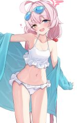 Rule 34 | 1girl, absurdres, ahoge, bare shoulders, bikini, blue archive, blue eyes, blue jacket, blush, breasts, collarbone, commentary request, eyewear on head, frilled bikini, frills, hair between eyes, hair bobbles, hair ornament, halo, heterochromia, highres, hoshino (blue archive), hoshino (swimsuit) (blue archive), jacket, long hair, long sleeves, looking at viewer, low twintails, navel, off shoulder, open clothes, open jacket, open mouth, partial commentary, pink hair, sashimi nasu, small breasts, smile, solo, sunglasses, swimsuit, thighs, twintails, white bikini, yellow eyes