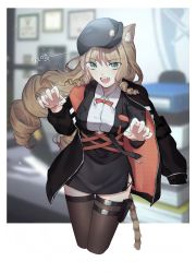 Rule 34 | 1girl, :d, animal ear fluff, animal ears, arknights, bad id, bad pixiv id, black hat, black jacket, black skirt, black suit, black thighhighs, blonde hair, blurry, blurry background, breasts, chinese commentary, claw pose, collared shirt, cowboy shot, drill hair, fang, formal, green eyes, hair between eyes, hat, highres, jacket, kuiqiu kq, long hair, looking at viewer, medium breasts, miniskirt, neck ribbon, open clothes, open jacket, open mouth, orange ribbon, pouch, ribbon, shirt, side drill, skirt, smile, solo, suit, swire (arknights), tail, thigh pouch, thigh strap, thighhighs, thighs, tiger ears, tiger tail, twin drills, white shirt, wing collar, zettai ryouiki