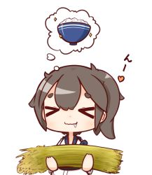 Rule 34 | &gt; &lt;, 10s, 1girl, black hair, bowl, chibi, commentary request, drooling, closed eyes, heart, highres, imagining, japanese clothes, kaga (kancolle), kantai collection, nuu (nu-nyu), rice, rice bowl, rice paddy, side ponytail, simple background, solo, sparkle, upper body, white background