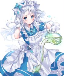 Rule 34 | 1girl, animal ears, apron, bell, blue dress, blue eyes, blue neckwear, blue ribbon, blush, breasts, cat ears, closed mouth, dress, food, fruit, gloves, hand in own hair, highres, holding, jingle bell, juice, kinty, lime (fruit), long hair, looking at viewer, maid, maid headdress, medium breasts, original, pitcher (container), pouring, puffy short sleeves, puffy sleeves, ribbon, short sleeves, simple background, solo, upturned eyes, water drop, wavy hair, white apron, white background, white gloves, white hair