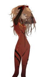 Rule 34 | 1girl, absurdres, adjusting hair, arms up, bodysuit, cowboy shot, expressionless, hairpods, hands in hair, highres, holding, holding own hair, interface headset, long hair, looking at viewer, neon genesis evangelion, orange hair, plugsuit, red bodysuit, simple background, skin tight, solo, souryuu asuka langley, standing, tareme, two side up, white background, zhibuji loom