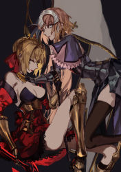 Rule 34 | 10s, 2girls, aqua eyes, armor, armored boots, bare shoulders, boots, breasts, brown hair, cleavage, crown, detached sleeves, dith ytk, fate/apocrypha, fate/extra, fate/extra ccc, fate (series), gauntlets, green eyes, jeanne d&#039;arc (fate), jeanne d&#039;arc (ruler) (fate), lipstick, looking at viewer, makeup, multiple girls, nero claudius (fate), nero claudius (fate) (all), nero claudius (fate/extra), side slit, sitting, standard bearer, thighhighs