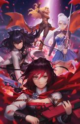 Rule 34 | 4girls, ahoge, animal ears, black hair, blake belladonna, blonde hair, blue dress, blue eyes, breasts, cape, cat ears, cleavage, clenched hand, combination weapon, commentary, corset, crescent rose, dcwj, dress, ember celica (rwby), english commentary, eyewear on head, flower, gambol shroud, gradient hair, grey eyes, gun, highres, holding, holding weapon, jacket, large breasts, left-handed, long hair, medium breasts, multicolored hair, multiple girls, myrtenaster, official art, petals, pistol sword, ponytail, prosthesis, prosthetic arm, purple eyes, rapier, red cape, red hair, ribbon, rose, rose petals, ruby rose, rwby, scar, scar across eye, scar on face, short hair, shrug (clothing), sunglasses, sunglasses on head, sword, two-tone hair, weapon, weiss schnee, white hair, white jacket, yang xiao long, yellow eyes