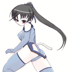 Rule 34 | 00s, 1girl, ahoge, ass, bare shoulders, black eyes, blue gloves, blue thighhighs, blush, breasts, elbow gloves, from side, gloves, hair ribbon, high ponytail, ichijou eika, leotard, long hair, looking at viewer, looking back, motionslit, pale skin, parted bangs, pilot suit, ponytail, ribbon, simple background, sketch, sky girls, small breasts, solo, thighhighs, very long hair, white background, yuuichi (tareme paradise)