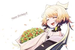 Rule 34 | 1girl, bare shoulders, black jacket, blush, bouquet, collarbone, commentary request, detached collar, earrings, facing to the side, facing viewer, fangs, flower, frilled shirt collar, frills, from side, happy birthday, hatyuuruinohito, highres, holding, holding bouquet, jacket, jacket partially removed, jewelry, melissa kinrenka, nijisanji, open mouth, orange flower, petals, raised eyebrows, red flower, shirt, simple background, skin fangs, smile, solo, strapless, strapless shirt, twintails, upper body, virtual youtuber, white background, yellow flower
