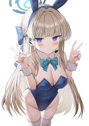 Rule 34 | 1girl, absurdres, animal ears, bare shoulders, blonde hair, blue archive, blue bow, blue eyes, blue hairband, blue leotard, bow, bowtie, braid, breasts, cleavage, closed mouth, detached collar, double v, earpiece, earrings, fake animal ears, groin, hairband, halo, highleg, highleg leotard, highres, jewelry, leotard, long hair, medium breasts, official alternate costume, official alternate hairstyle, playboy bunny, pluto (97dwnstjq), rabbit ears, simple background, solo, stud earrings, thighhighs, thighs, toki (blue archive), toki (bunny) (blue archive), v, very long hair, white background, white thighhighs, wrist cuffs