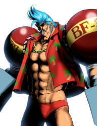 Rule 34 | 1boy, abs, blue eyes, blue hair, chain, chain necklace, cyborg, eyewear on head, franky (one piece), hawaiian shirt, jewelry, male focus, matching hair/eyes, necklace, nika (nikasa an), one piece, open clothes, open shirt, pompadour, shirt, sideburns, simple background, smile, solo, stitches, sunglasses, white background
