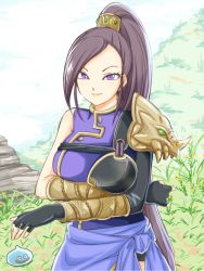 Rule 34 | 1girl, armor, asymmetrical armor, asymmetrical sleeves, black sleeves, blue sash, breast hold, breasts, cloud, commentary request, dragon quest, dragon quest xi, dress, fingerless gloves, gloves, grass, hair ornament, high ponytail, jappo, large breasts, light smile, long hair, martina (dq11), mountain, outdoors, pauldrons, ponytail, purple dress, purple eyes, purple hair, sash, single pauldron, single sleeve, slime (dragon quest), solo, uneven sleeves, upper body, very long hair